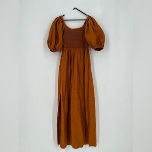 La Ligne Daisy Puff Sleeve Smocked Bodice Poplin Midi Dress In Burnt Orange